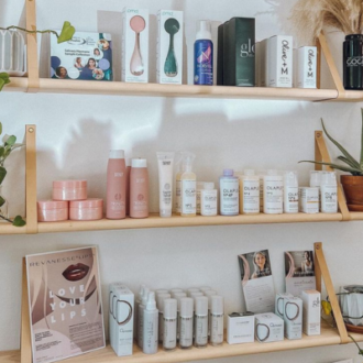 Self Care Retailers, image of 3 shelfs holding an assortment of skincare and beauty products
