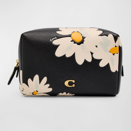 Floral-Print Leather Cosmetic Pouch